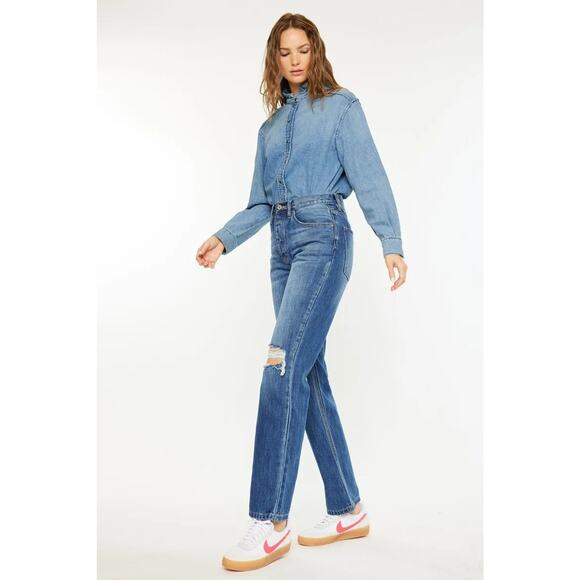 KanCan Ultra High Rise 90's Distressed Knee Medium Wash Boyfriend Denim Jeans - Picture 3 of 9